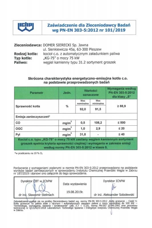 Zaświadczenie dla zleceniodawcy badań wg PN-EN303-5:2012 nr 101/2019