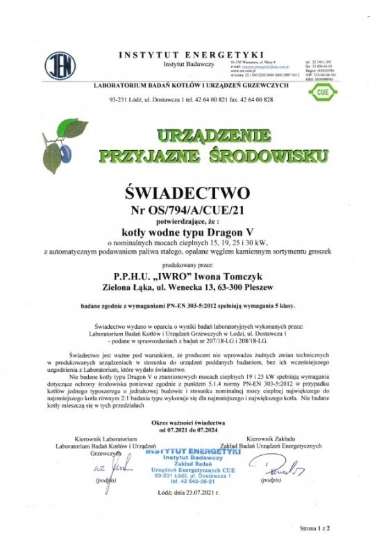 Świadectwo Nr OS/794/A/CUE/21